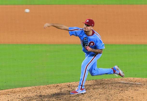 October 9, 2025, Los Angeles, California, USA: Relief pitcher, Orion Kerkering 50 of the Philadelphia Phillies during their MLB, Baseball Herren, USA National League Division Series Game 4 against the Los Angeles Dodgers on Thursday October 9, 2025 at Dodger Stadium in Los Angeles, California. Dodgers defeat Phillies, 2-1 in ten innings to win the NLDS. JAVIER ROJAS PI Los Angeles USA - ZUMAp124 20251009_zaa_p124_066 Copyright: xJavierxRojasx