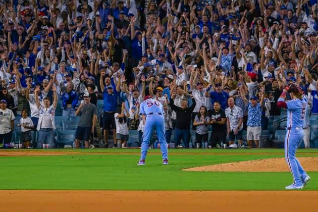 October 9, 2025, Los Angeles, California, USA: Relief pitcher, Orion Kerkering 50 of the Philadelphia Phillies reacts after a bad throw home to lose the MLB, Baseball Herren, USA National League Division Series Game 4 to the Los Angeles Dodgers on Thursday October 9, 2025 at Dodger Stadium in Los Angeles, California. Dodgers defeat Phillies, 2-1 in ten innings to win the NLDS. MARK HAMMOND BNS PI Los Angeles USA - ZUMAp124 20251009_zaa_p124_093 Copyright: xMarkxHammondx