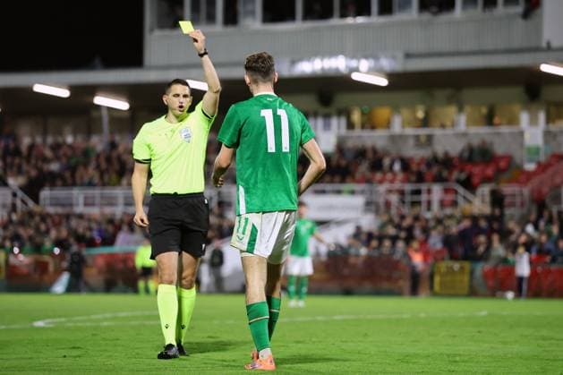 2027 UEFA Under 21 European Championship, EM, Europameisterschaft Qualifier, Turner™s Cross, Cork 10 10 2025 Republic of Ireland vs Slovakia Ireland s Mason Melia is shown a yellow card Mason Melia is shown a yellow card 10 10 2025  Copyright: x INPHO BryanxKeanex 0S2A5065 copy