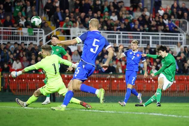 2027 UEFA Under 21 European Championship, EM, Europameisterschaft Qualifier, Turner™s Cross, Cork 10 10 2025 Republic of Ireland vs Slovakia Slovakia s Adam Hrdina makes a save from Jad Hakiki of Ireland Adam Hrdina makes a save from Jad Hakiki 10 10 2025  Copyright: x INPHO BryanxKeanex 0S2A5287 copy