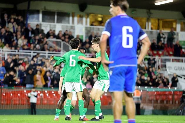 2027 UEFA Under 21 European Championship, EM, Europameisterschaft Qualifier, Turner™s Cross, Cork 10 10 2025 Republic of Ireland vs Slovakia Ireland s Jad Hakiki celebrates scoring a goal with teammates Jad Hakiki celebrates scoring a goal with teammates 10 10 2025  Copyright: x INPHO BryanxKeanex 0S2A5890 copy