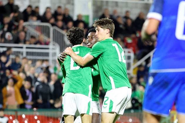 2027 UEFA Under 21 European Championship, EM, Europameisterschaft Qualifier, Turner™s Cross, Cork 10 10 2025 Republic of Ireland vs Slovakia Ireland s Jad Hakiki celebrates scoring a goal with teammates Jad Hakiki celebrates scoring a goal with teammates 10 10 2025  Copyright: x INPHO BryanxKeanex 0S2A5905 copy