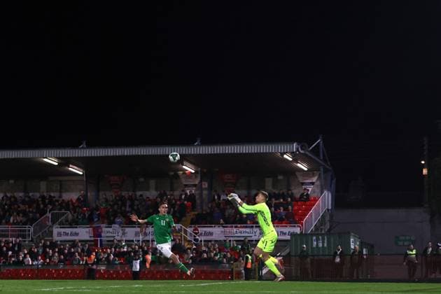 2027 UEFA Under 21 European Championship, EM, Europameisterschaft Qualifier, Turner™s Cross, Cork 10 10 2025 Republic of Ireland vs Slovakia Ireland s Mason Melia and Adam Hrdina of Slovakia Mason Melia and Adam Hrdina 10 10 2025  Copyright: x INPHO BryanxKeanex JKPW4425 copy