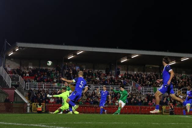 2027 UEFA Under 21 European Championship, EM, Europameisterschaft Qualifier, Turner™s Cross, Cork 10 10 2025 Republic of Ireland vs Slovakia Slovakia s Adam Hrdina makes a save from Jad Hakiki of Ireland Adam Hrdina makes a save from Jad Hakiki 10 10 2025  Copyright: x INPHO BryanxKeanex JKPW4931 copy