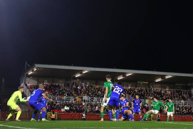 2027 UEFA Under 21 European Championship, EM, Europameisterschaft Qualifier, Turner™s Cross, Cork 10 10 2025 Republic of Ireland vs Slovakia Ireland s Jad Hakiki scores a goal Jad Hakiki scores a goal 10 10 2025  Copyright: x INPHO BryanxKeanex JKPW5163 copy