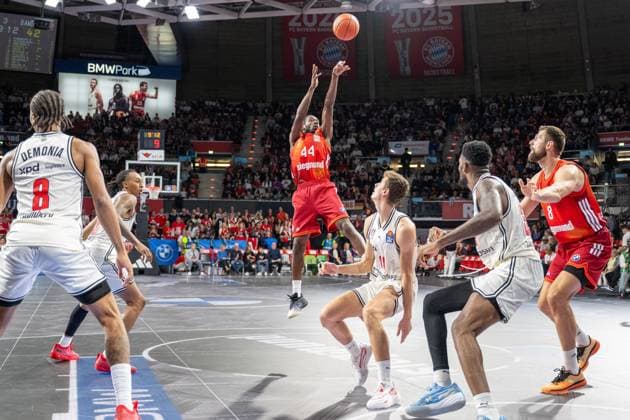 Kamar Baldwin 44 FC Bayern Basketball with a basket shot, FC Bayern Basketball vs BMA365 Bamberg Baskets, BBL, Matchday 4, 12 10 2025 Munich Bavaria Germany Copyright: xkolbert-press UlrichxGamelx