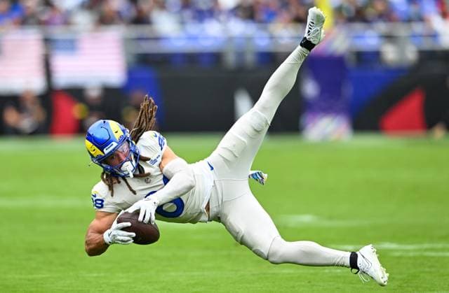 Los Angeles Rams wide receiver Jordan Whittington (88) is unable to hold an attempted pass reception against the Baltimore Ravens during the second quarter at M&T Bank Stadium in Baltimore, Maryland, on Sunday, October 12, 2025. BAL20251012122 DAVIDxTULIS