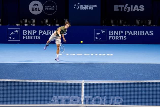 Belgian Alexander Blockx pictured in action during the European Open ATP, Tennis Herren tennis tournament in Brussels, on Monday 13 October 2025. This year s edition of the tournament is taking place from 12 to 19 October 2025. JASPERxJACOBS  x136668802x