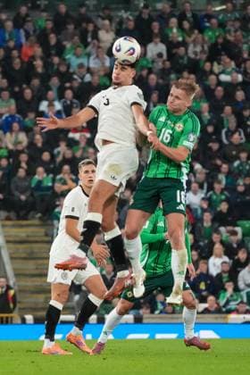 Header Aleksandar Pavlovic Germany Germany v Ali McCann Northern Ireland, Northern Ireland Belfast 13 10 2025 Northern Ireland v Germany, World Cup Qualifiers, Windsor Park Belfast