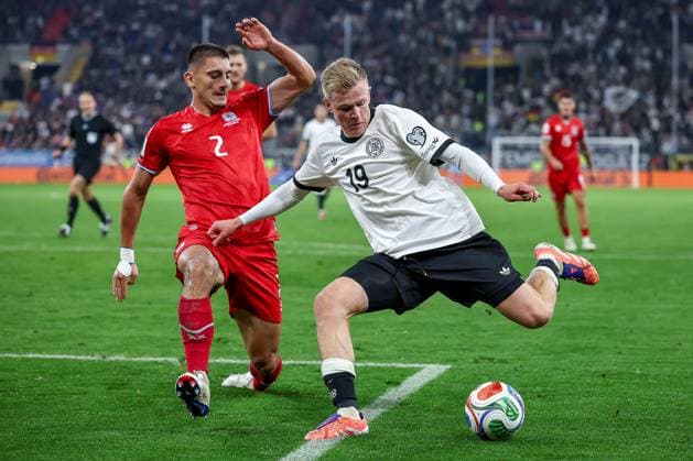 10 10 2025, Football, International match, Germany Luxembourg, UEFA World Cup Qualification, 2025 2026, Group A, PreZero Arena in Sinsheim Seid Korac LUX 02 in duel against Jonathan Burkhardt GER 19 DFB regulations prohibit any use of photographs as image sequences and or quasi video Baden Württemberg Germany
