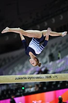 Dulcy Caylor, USA, during podiumtraining at 2025 Worlds in Jakarta 18 10 2025