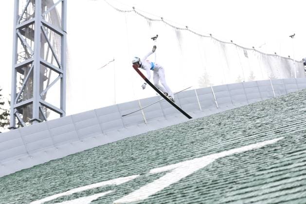 19 10 2025, Ski jumping, men, FIS Continental Cup, summer season 2025, individual competition Maksim Bartolj SLO escapes a fall Klingenthal Vogtland Arena Saxony Germany