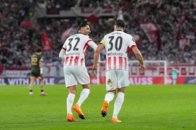 Vincenzo Grifo SC Freiburg, 32 and Christian Günter Christian Guenter SC Freiburg, 30 holding hands, goal celebration, emotions, goal shot, goal success, goal, goal , Germany, football, UEFA Europa League, matchday 3, league phase, 2025 2026, SC Freiburg vs FC Utrecht, 23 10 2025, Europa Park Stadion, Freiburg, Germany Freiburg Europa Park Stadion Baden Württemberg Germany Copyright: xArnexAmbergx