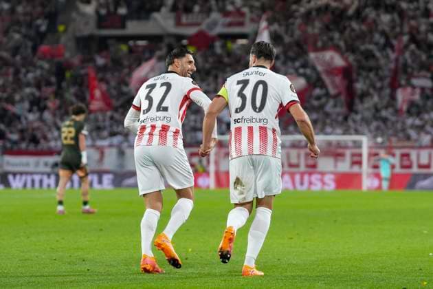 Vincenzo Grifo SC Freiburg, 32 and Christian Günter Christian Guenter SC Freiburg, 30 holding hands, goal celebration, emotions, goal shot, goal success, goal, goal , Germany, football, UEFA Europa League, matchday 3, league phase, 2025 2026, SC Freiburg vs FC Utrecht, 23 10 2025, Europa Park Stadion, Freiburg, Germany Freiburg Europa Park Stadion Baden Württemberg Germany Copyright: xArnexAmbergx