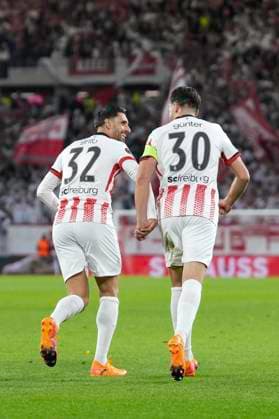 Vincenzo Grifo SC Freiburg, 32 and Christian Günter Christian Guenter SC Freiburg, 30 holding hands, goal celebration, emotions, goal shot, goal success, goal, goal , Germany, football, UEFA Europa League, matchday 3, league phase, 2025 2026, SC Freiburg vs FC Utrecht, 23 10 2025, Europa Park Stadion, Freiburg, Germany Freiburg Europa Park Stadion Baden Württemberg Germany Copyright: xArnexAmbergx