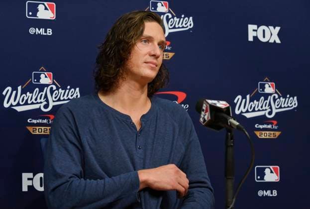 Los Angeles Dodgers starting pitcher Tyler Glasnow speaks with reporters during a news conference before Monday s World Series Game 3 against the Toronto Blue Jays at Dodger Stadium in Los Angeles on Sunday, October 26, 2025. LAP2025102625 JIMxRUYMEN