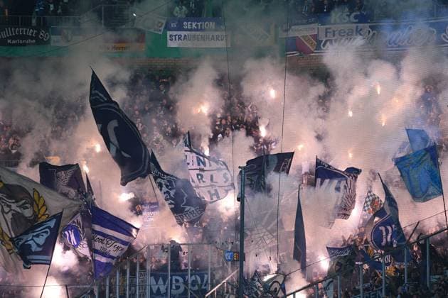 Soccer DFB Cup 2nd round Borussia Mönchengladbach Karlsruher SC on 28 10 2025 at Borussia Park in Mönchengladbach Karlsruher fans ignite Bengalos Pyro Pyrotechnics Flares Smoke bombs in the fan block DFB regulations prohibit any use of photographs as image sequences and or quasi video xRx