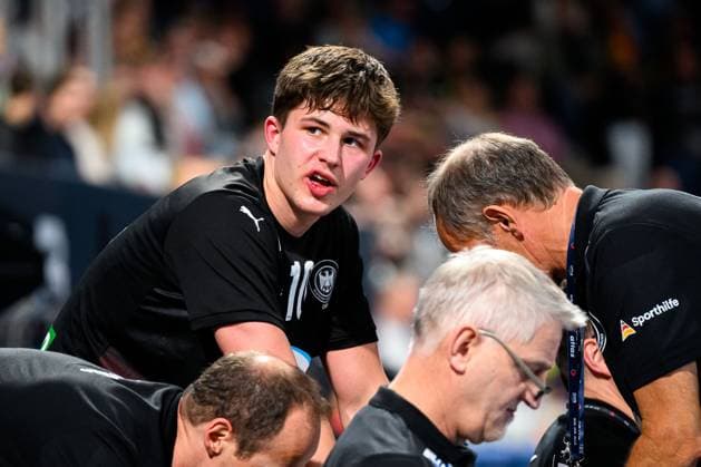 Nuremberg Handball Laenderspiel U20 Germany Hungary Rasmus Ankermann Germany Injured Injury Pain Nuremberg PSD Bank Arena Bayern Germany