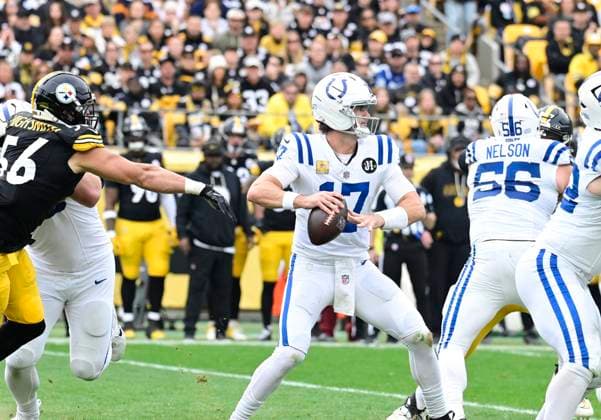 Indianapolis Colts quarterback Daniel Jones (17) steps back to throw in the first quarter against the Pittsburgh Steelers at Acrisure Stadium Sunday, November 2025 in Pittsburgh.  PIT2025110204 ARCHIExCARPENTER
