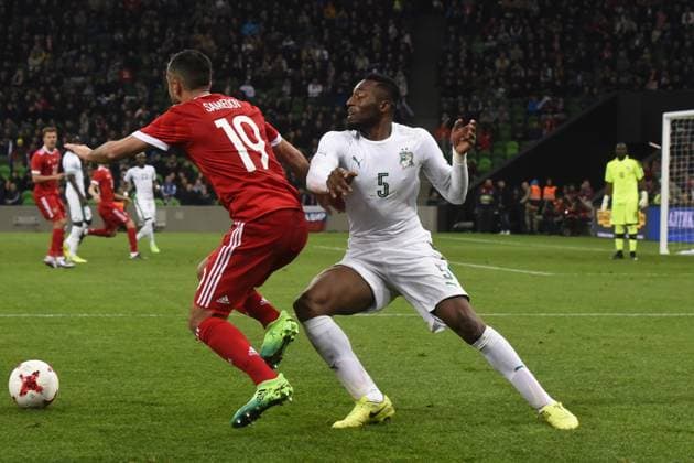 International Friendly, Länderspiel, Nationalmannschaft Russia - Cote d Ivoire KRASNODAR, RUSSIA - MARCH 24: Alexander Samedov (L) of Russia in action against Wilfried Kanon (R) of Cote d Ivoire s during the friendly football match at Krasnodar Stadium, in Krasnodar, Russia, on March 24,2017. Krasnodar Rusya. Editorial use only. Please get in touch for any other usage. Copyright: x2025xAnadoluxElenaxSineokx