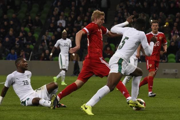 International Friendly, Länderspiel, Nationalmannschaft Russia - Cote d Ivoire KRASNODAR, RUSSIA - MARCH 24: Yury Gazinsky (C) of Russia in action against Die Serey (L) and Wilfried Kanon (R) of Cote d Ivoire s during the friendly football match at Krasnodar Stadium, in Krasnodar, Russia, on March 24,2017. Krasnodar Rusya. Editorial use only. Please get in touch for any other usage. Copyright: x2025xAnadoluxElenaxSineokx
