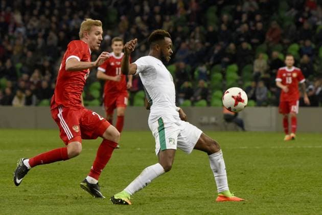 International Friendly, Länderspiel, Nationalmannschaft Russia - Cote d Ivoire KRASNODAR, RUSSIA - MARCH 24: Yuri Gazinsky (L) of Russia in action against Cheick Doukoure (R) of Cote d Ivoire s during the friendly football match at Krasnodar Stadium, in Krasnodar, Russia, on March 24,2017. Krasnodar Rusya. Editorial use only. Please get in touch for any other usage. Copyright: x2025xAnadoluxElenaxSineokx