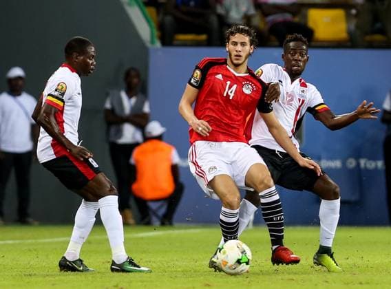 Egypt vs Uganda: African Cup of Nations 2017 PORT-GENTIL, GABON - JANUARY 21: Ramadan Sobhi (14) of Egypt in action against Denis Iguma (12) of Uganda during the African Cup of Nations 2017, Group D football match between Egypt and Uganda at Port-Gentil Stadium in Port-Gentil, Gabon on January 21, 2017. Gabon World. Editorial use only. Please get in touch for any other usage.  Copyright: x2025xAnadoluxFaredxKotbx
