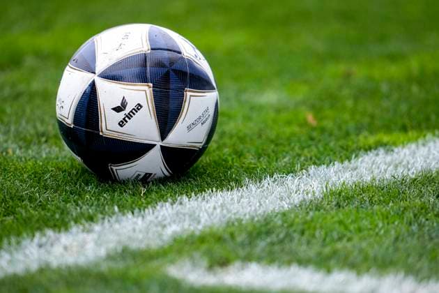 A ball of the brand Erima Senzor Star Match, Regionalliga Südwest is lying on the grass, official match ball, official Match Ball, symbol photo, symbol image, icon, cropped image, single image, single photo, action, action, 08 11 2025, Sandhausen Germany , Football, Regionalliga Südwest, SV Sandhausen SGV Freiberg xozx