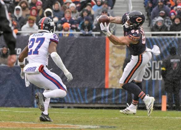 Chicago Bears tight end Colston Loveland (84) completes the pass during the fourth quarter against the New York Giants at Soldier Field in Chicago on Sunday, November 9, 2025. The Bears defeated the Giants 24-20. CHI20251109120 MARKxBLACK