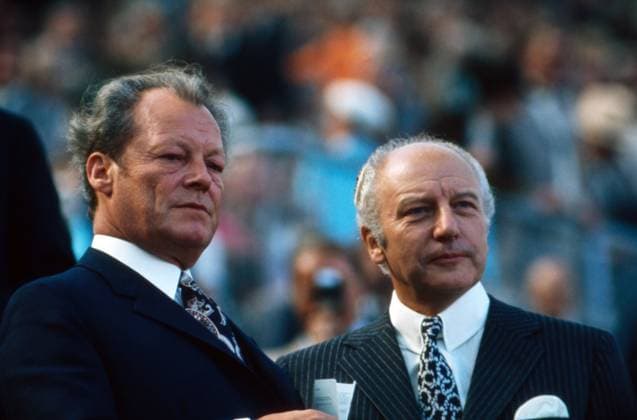 Olympic Summer Games Munich 1972 Opening ceremony Federal Chancellor Willy Brandt and Foreign Minister Walter Scheel at the Opening ceremony the Olympic Games 1972 in Munich Olympic Stadium Munich Bavaria Germany Copyright: xUnitedxArchivesx xSvenxSimonxSportx SVS_95010000039