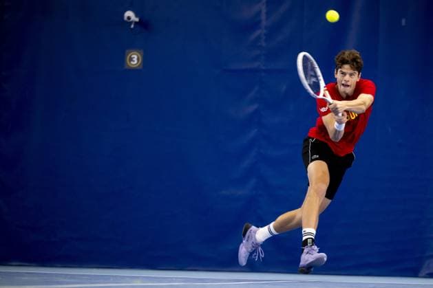 Belgian Alexander Blockx pictured in action during an open training session of the Belgian Davis Cup team ahead of the Davis Cup Finals (November 18-23), in Wilrijk, on Wednesday 12 November 2025. DIRKxWAEM  x141071096x
