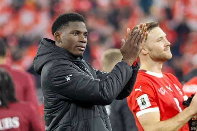 Breel Embolo Switzerland, 07 after the match , Switzerland, FIFA, World Cup Qualification Europe, Group B , Switzerland vs Sweden, 15 11 2025, Stade de Geneve, Geneva, Switzerland Geneva Stade de Geneve Canton Geneva Switzerland Copyright: xGrantxHubbsx