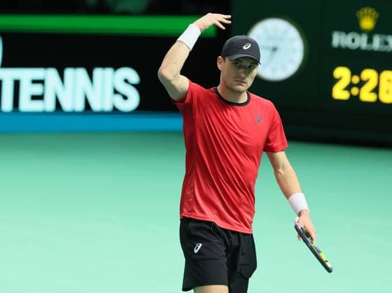 Belgian Raphael Collignon reacts during a tennis match against French Moutet, the first match of the Davis Cup quarter-finals Belgium and France, in Bologna, Italy, on Tuesday 18 November 2025. Davis Cup top eight Finals takes place in Bologna from November 18 to 23. BENOITxDOPPAGNE  x142493523x