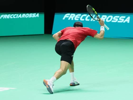 Belgian Raphael Collignon reacts during a tennis match against Italian Berrettini, the first in the Davis Cup semifinals between Belgium and Italy, in Bologna, Italy, on Friday 21 November 2025. The Davis Cup top eight Finals take place in Bologna from November 18 to 23. BENOITxDOPPAGNE  x143255810x