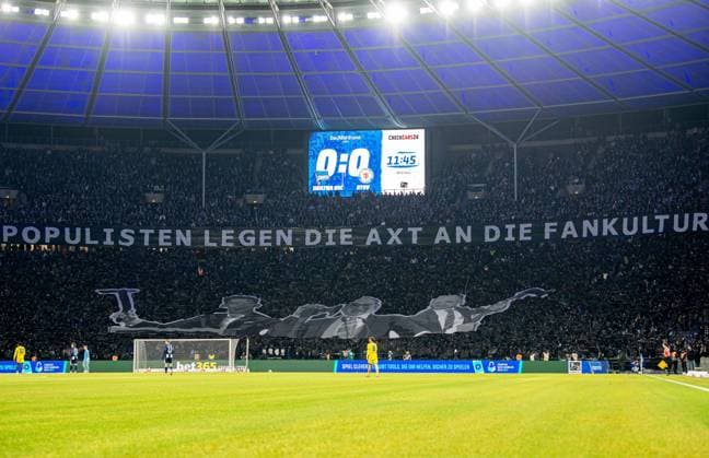 Football, Men, Season 2025 2026, 2 Bundesliga 13 Matchday , Hertha BSC Eintracht Braunschweig, the active fan scenes are silent for the first 12 minutes in protest against possible security measures that could be decided at the upcoming conference of interior ministers Populists are taking an axe to fan culture¦should that be the future of soccer Clubs fight back for your fans, 21 11 2025, Copyright: xSebastianxRäppold MatthiasxKochx