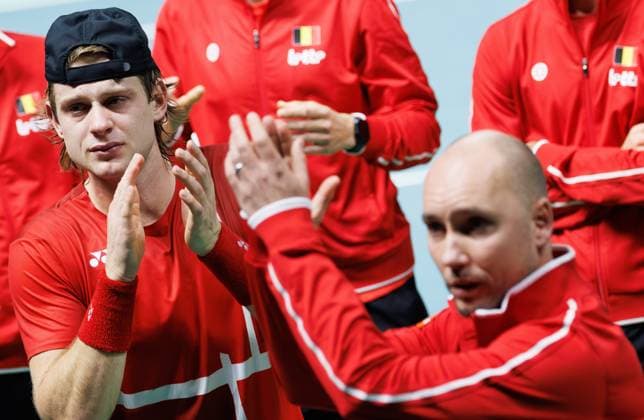 Belgian Zizou Bergs and Belgian captain Steve Darcis look dejected after Bergs lost a tennis match against Italian Cobolli, the second in the Davis Cup semifinals between Belgium and Italy, in Bologna, Italy, on Friday 21 November 2025. The Davis Cup top eight Finals take place in Bologna from November 18 to 23. BENOITxDOPPAGNE  x143303303x