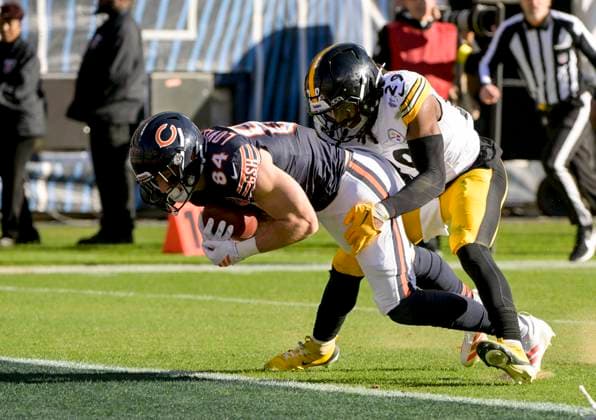 Chicago Bears tight end Colston Loveland (84) scores a second quarter touchdown against the Pittsburgh Steelers at Soldier Field in Chicago on Sunday, November 23, 2025. CHI20251123110 MARKxBLACK