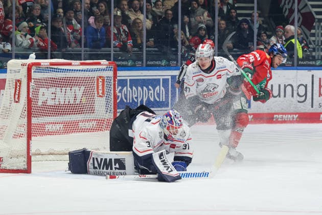 Niklas Treutle 31 Nuernberg Ice Tigers , Owen Headrick 47 Nuernberg Ice Tigers in duel with Riley Damiani 19 Augsburger Panther , Augsburger Panther vs Nuernberg Ice Tigers, PENNY DEL, Main Round, Matchday 23, 28 11 2025 Augsburg Germany Copyright: xkolbert-press DunjaxDietrichx