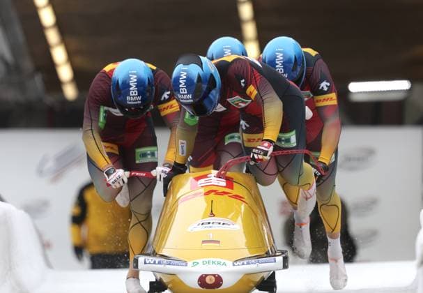 Start of Team FRIEDRICH with Francesco FRIEDRICH GER, BSC Sachsen Oberbaerenburg , Tim BECKER GER, MSC Magdeburg , Alexander SCHÜLLER GER, SV Halle and Felix STRAUB GER, BSC Sachsen Oberbaerenburg mens four-man bobsleigh, IBSF World Cup Bobsleigh World Cup, Innsbruck, 2025 2026 season, on 30 11 2025 in Innsbruck, O L Y M P I A E I S K A N A L, Austria Source Copyright Credit Oryk HAIST xBOBx