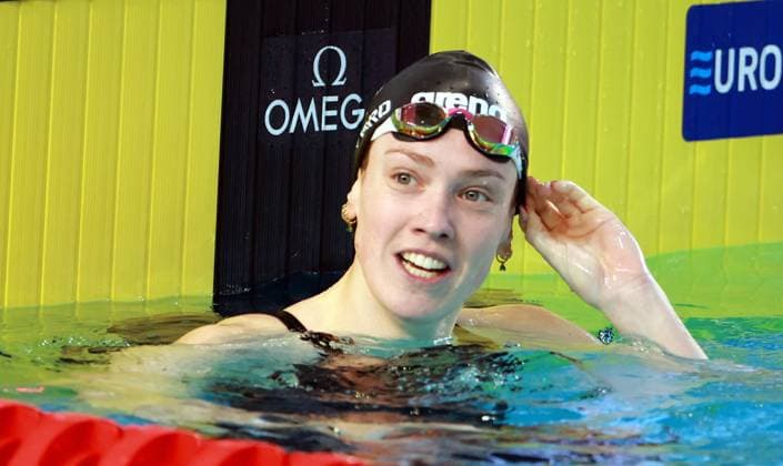 Belgian Florine Gaspard pictured in action during the women s 100m breaststroke at the European Aquatics Short Course Swimming Championships in Lublin, Poland, on Tuesday 02 December 2025. NIKOLAxKRSTIC  x145848559x