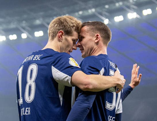 Soccer, Men, Season 2025 2026, DFB Cup Round of 16 , Hertha BSC 1 FC Kaiserslautern, f l Luca Schuler Hertha BSC , Paul Seguin Hertha BSC , Cheering after scoring 4 1, 02 12 2025, Copyright: xSebastianxRäppold MatthiasxKochx