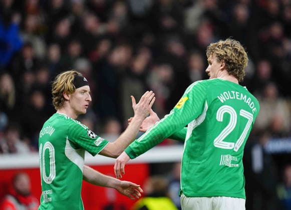 Anthony Gordon Newcastle United and Nick Woltemade Newcastle United celebrate UEFA Champions League 2025 26 League Phase match between Bayer 04 Leverkusen and Newcastle at BayArena on December 10, 2025 in Leverkusen, Germany Photo by Thor Wegner DeFodi Images