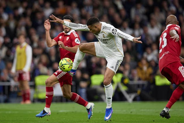 Kylian Mbappe Real Madrid CF controls the ball during the LaLiga EA Sports match between Real Madrid v Sevilla FC at Santiago BernabÃ u on December 20, 2025 in Madrid, Spain Photo by Manu Reino DeFodi Images