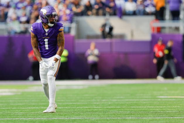 MINNEAPOLIS, MN - OCTOBER 19: Minnesota Vikings wide receiver Jalen Nailor (1) lines up for a play during the second half of NFL, American Football Herren, USA game between the Minnesota Vikings and Philadelphia Eagles on October 19th, 2025, at U.S. Bank Stadium in Minneapolis, MN. (Photo by Bailey Hillesheim Icon Sportswire) NFL: OCT 19 Eagles at Vikings EDITORIAL USE ONLY Icon251019250