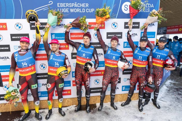 picture Tobias Wendl, Tobias Arlt GER , Eduards Sevics Mikelsevics, Lukass Krasts LAT , Martins Bots, Roberts Plume LAT 03 01 2026 luge 4 FIL Eberspächer Luge World Cup, Sigulda, Latvia LAT Men™s Doubles photographer FIL Michael Kristen