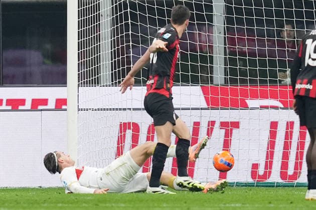 Genoa™s Lorenzo Colombo scores goal 0-1 during the Serie A soccer match between Ac Milan and Genoa at the San Siro Stadium in Milan , north Italy - Thursday , January 08 , 2025. - Soccer .  Copyright: xSpada LaPressex