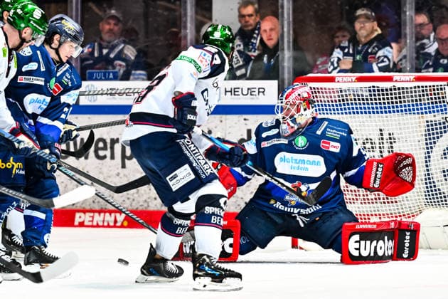 Andreas Andy Jenike Iserlohn Roosters, 92 holds the puck in front of Leonhard Pfoederl Eisbaeren Berlin, 93 , GER, Iserlohn Roosters vs Eisbaeren Berlin, Ice Hockey, Penny DEL, 38 Matchday, Season 2025 2026, 08 01 2026, GER, Iserlohn Roosters vs Eisbaeren Berlin, Ice Hockey, Penny DEL, 38 Matchday, Season 2025 2026, 08 01 2026 Iserlohn Copyright: xJonasxBrockmann Eibner-Pressefotx EP_JBN