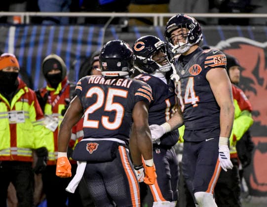 Chicago Bears tight end Colston Loveland (84) celebrates the 2 point conversion in the fourth quarter against the Green Bay Packers during an NFL, American Football Herren, USA wild-card playoff football game at Soldier Field in Chicago on Saturday, January 10, 2026. The Bears defeated the Packers 31-27 and advance to the division finals next week. CHI20260110218 MARKxBLACK