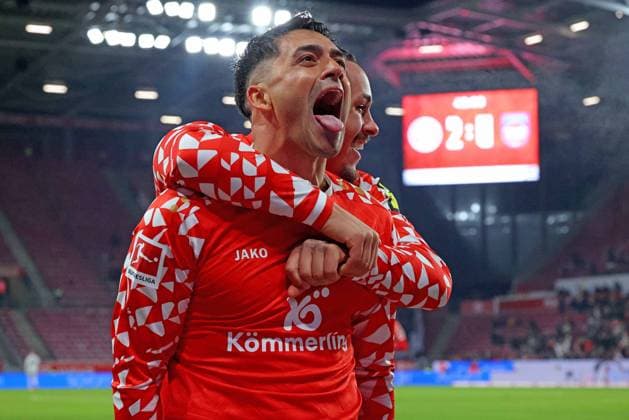 Mainz, Germany 13 January 2026 1 BL 2025 2026 FSV Mainz 05 vs 1 FC Heidenheim In the picture Goalscorer Nadiem Amiri Mainz celebrates with Armindo Sieb Mainz about his goal for 2 0 DFL regulations prohibit any use of photographs as image sequences and or quasi video Mewa Arena Rheinland Pfalz Copyright: xFotostandx xRacochax