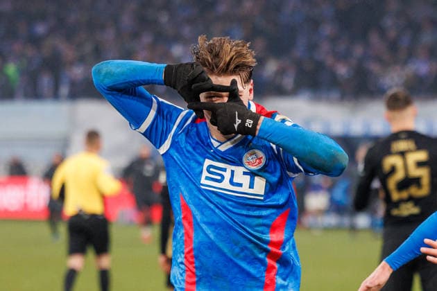 Goal celebration 2 1 Goalscorer Ryan Naderi Rostock GER, FC Hansa Rostock vs FC Erzgebirge Aue, Football, Men, 3 League, Matchday 20, Season 2025 2026, 17 01 2026 Rostock Ostseestadion Mecklenburg Vorpommern Germany